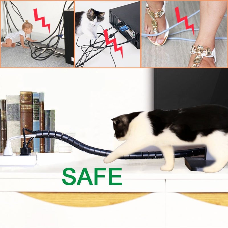 VIWIEU Black Computer Cable Management Wire Cover Electrical Cord Hider Solutions 2 PCS, VIWIEU Tangle Sprial Cable Tube with 4 Adhesive Cable Clips for TV Laptop Floor Home & Office - Image 4